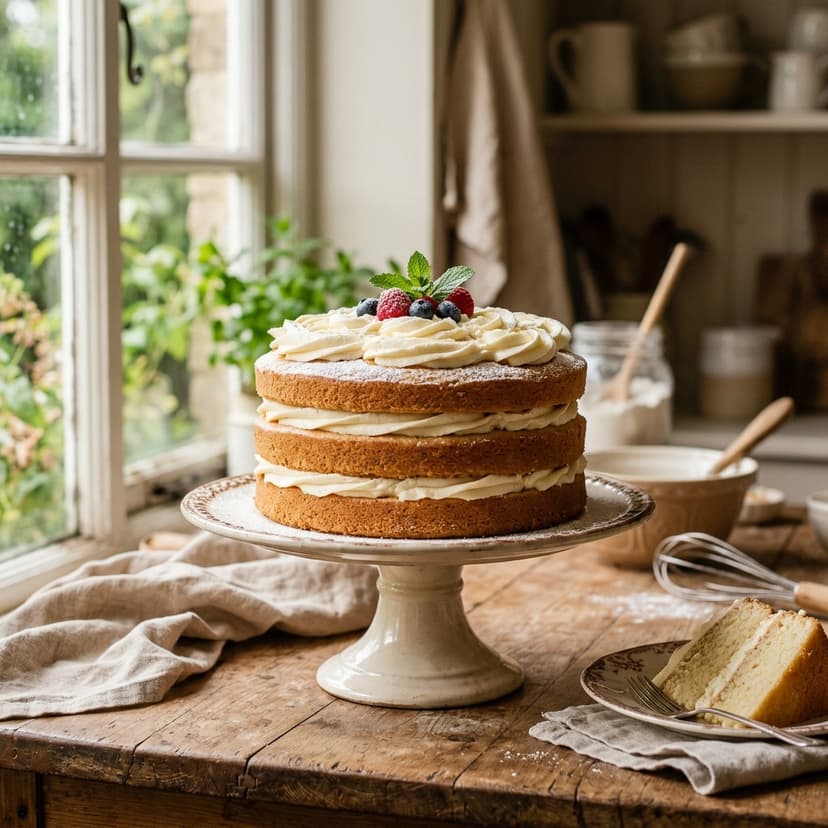 Homemade vanilla sponge cake with cream frosting