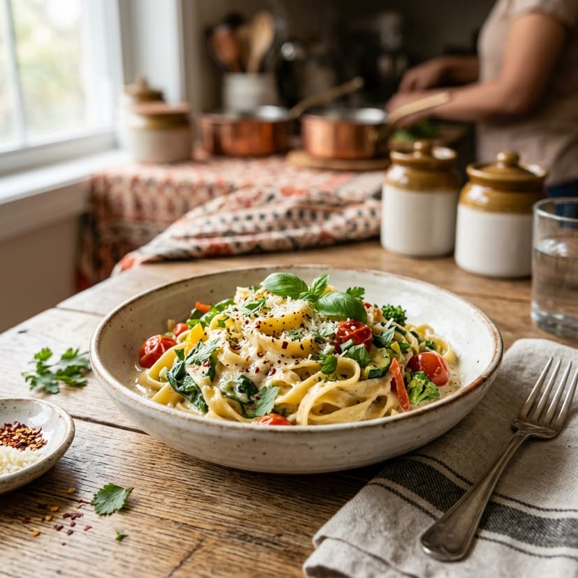 Fresh homemade creamy white sauce pasta in a ceramic bowl