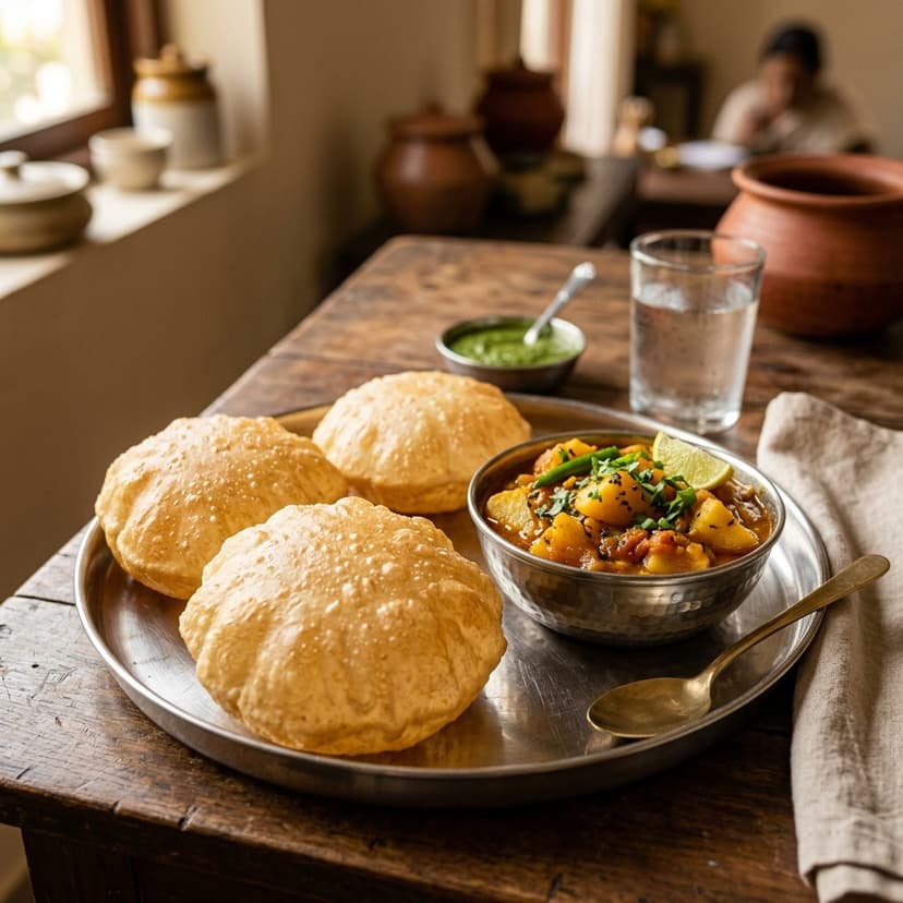 Golden puffed puris on a steel plate with potato curry