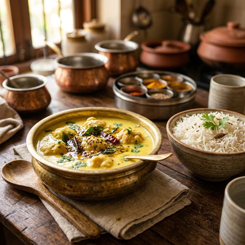 Creamy yellow kadhi with pakora dumplings in a brass bowl
