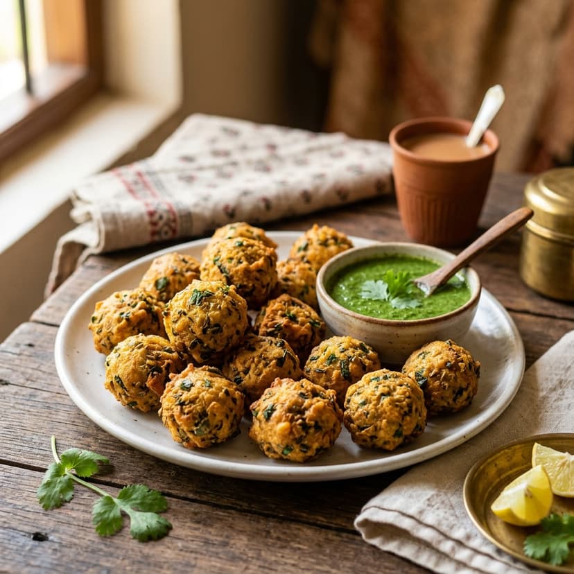 Golden fried methi na gota fenugreek fritters on a plate