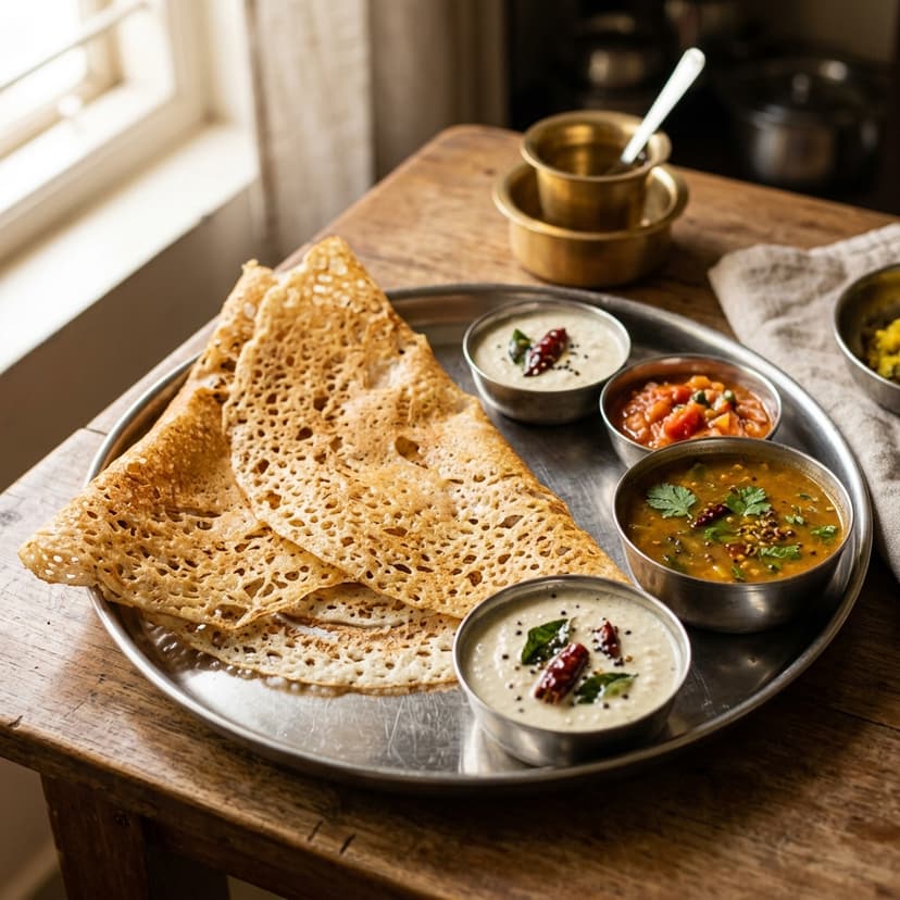 Crispy lacy rava dosa on a steel plate with coconut chutney