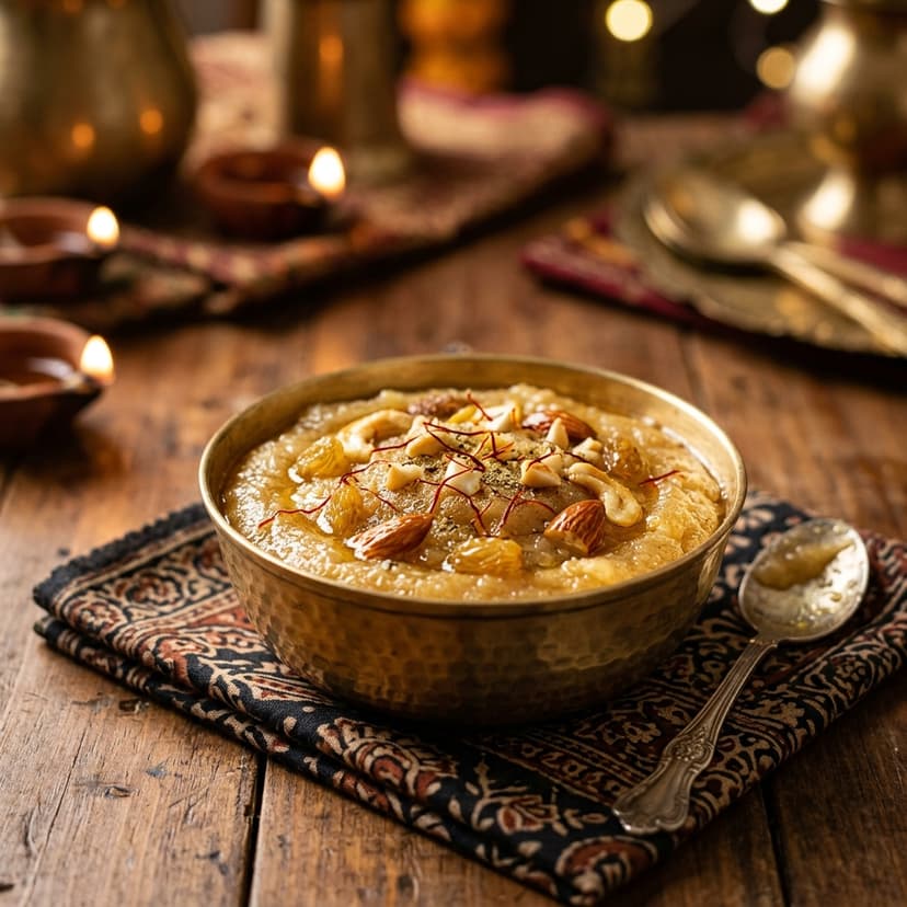 Golden sheera with saffron threads and cardamom in a brass katori